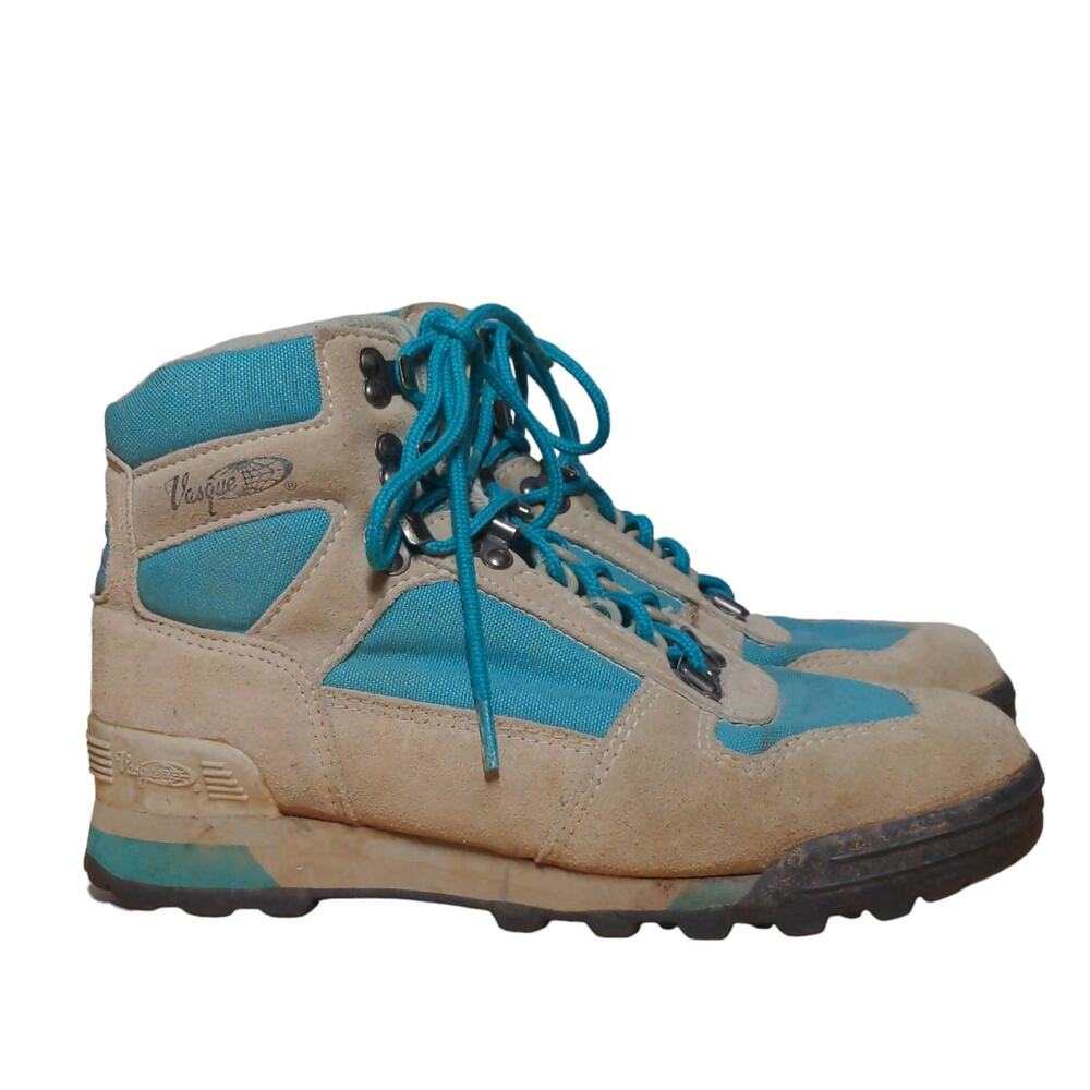 Vasque VTG Hiking Boots Teal Blue Beige Suede Padded Cuff Ankle Lace Up Trail 9